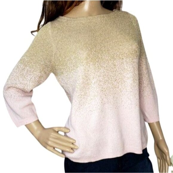 Ruby Rd. Petite Large Metallic gold and pink 3/4 sleeve Cotton Blend Sweater - Picture 1 of 6
